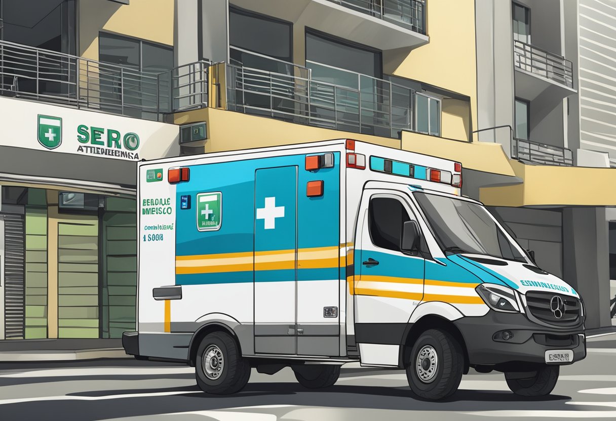 An ambulance with "Serviços de Atendimento Médico de Emergência" written on the side, parked outside a building in Rio de Janeiro