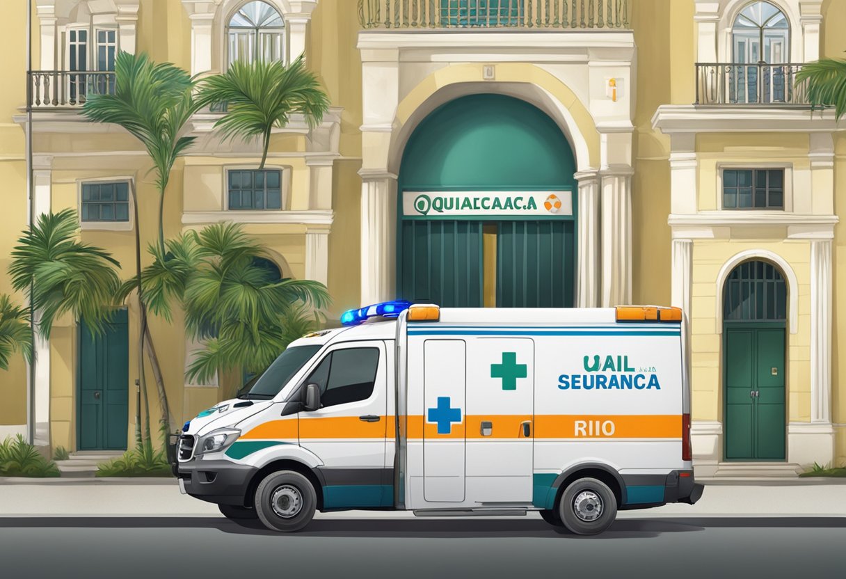 An ambulance with "Qualificação e Segurança" markings parked outside a building in Rio de Janeiro