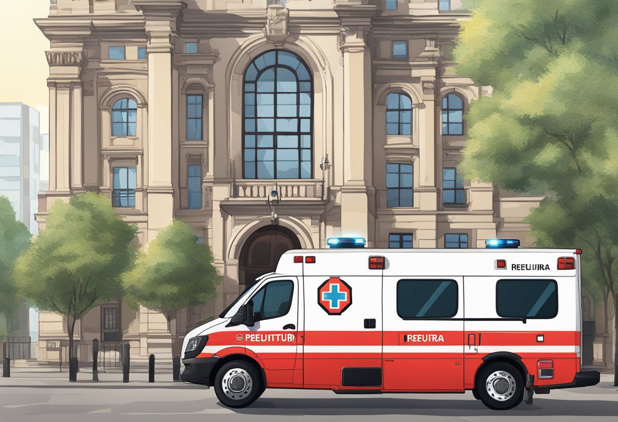A bright red ambulance parked outside a city hall building, with the words "Prefeitura" clearly displayed on the vehicle