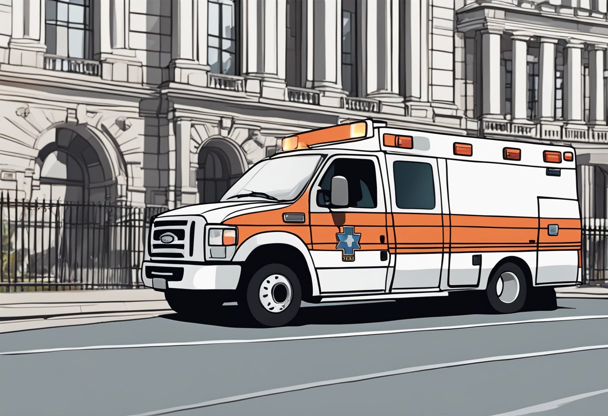 An ambulance parked outside city hall with communication channels visible