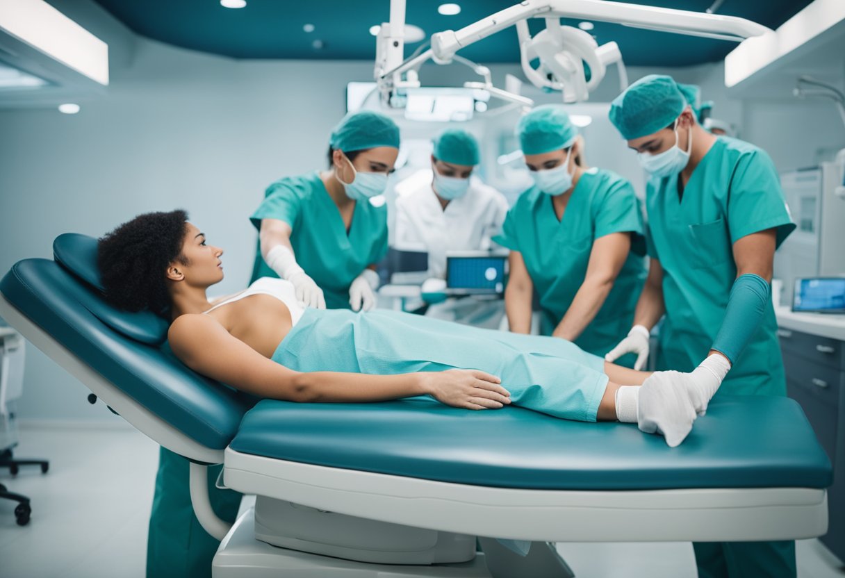 A surgeon performing thigh liposuction in a modern Istanbul clinic. The patient is lying on a surgical table, surrounded by medical equipment and attentive medical staff