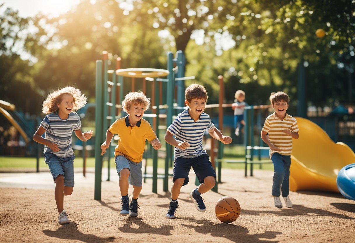 Children playing in a playground, showing symptoms of Enterovirus such as fever, coughing, and difficulty breathing