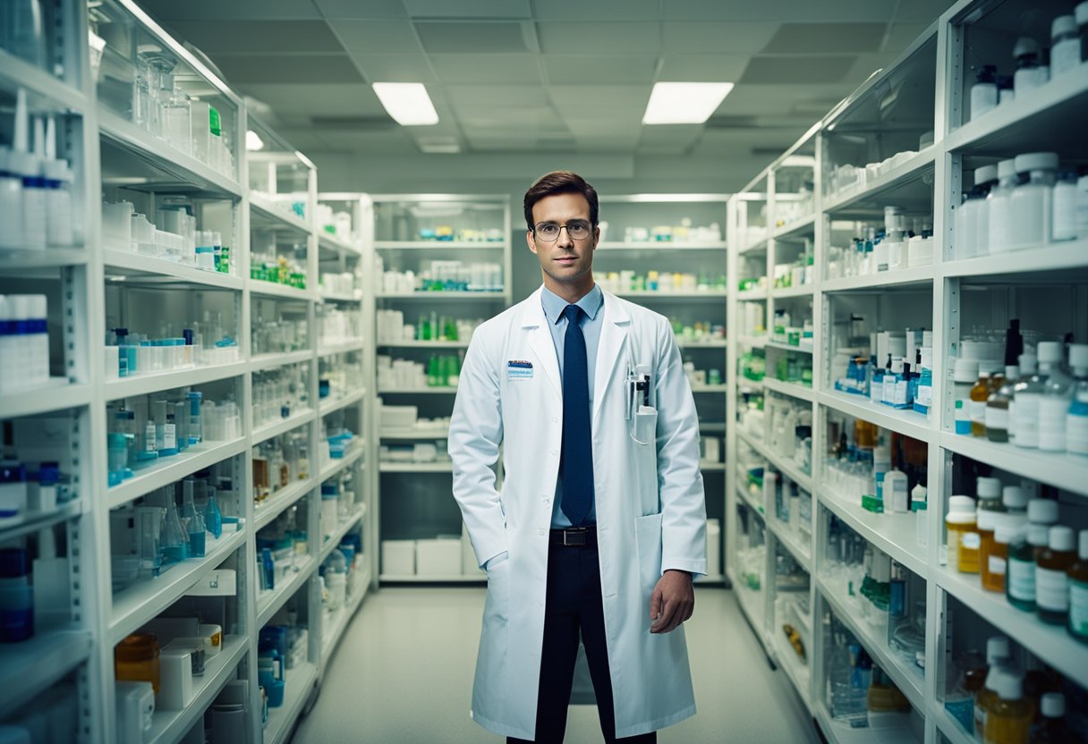 A laboratory researcher in a white coat holds a test tube containing a clear liquid. Around them are shelves filled with various medical equipment and supplies, with posters on the walls promoting enterovirus treatment and prevention