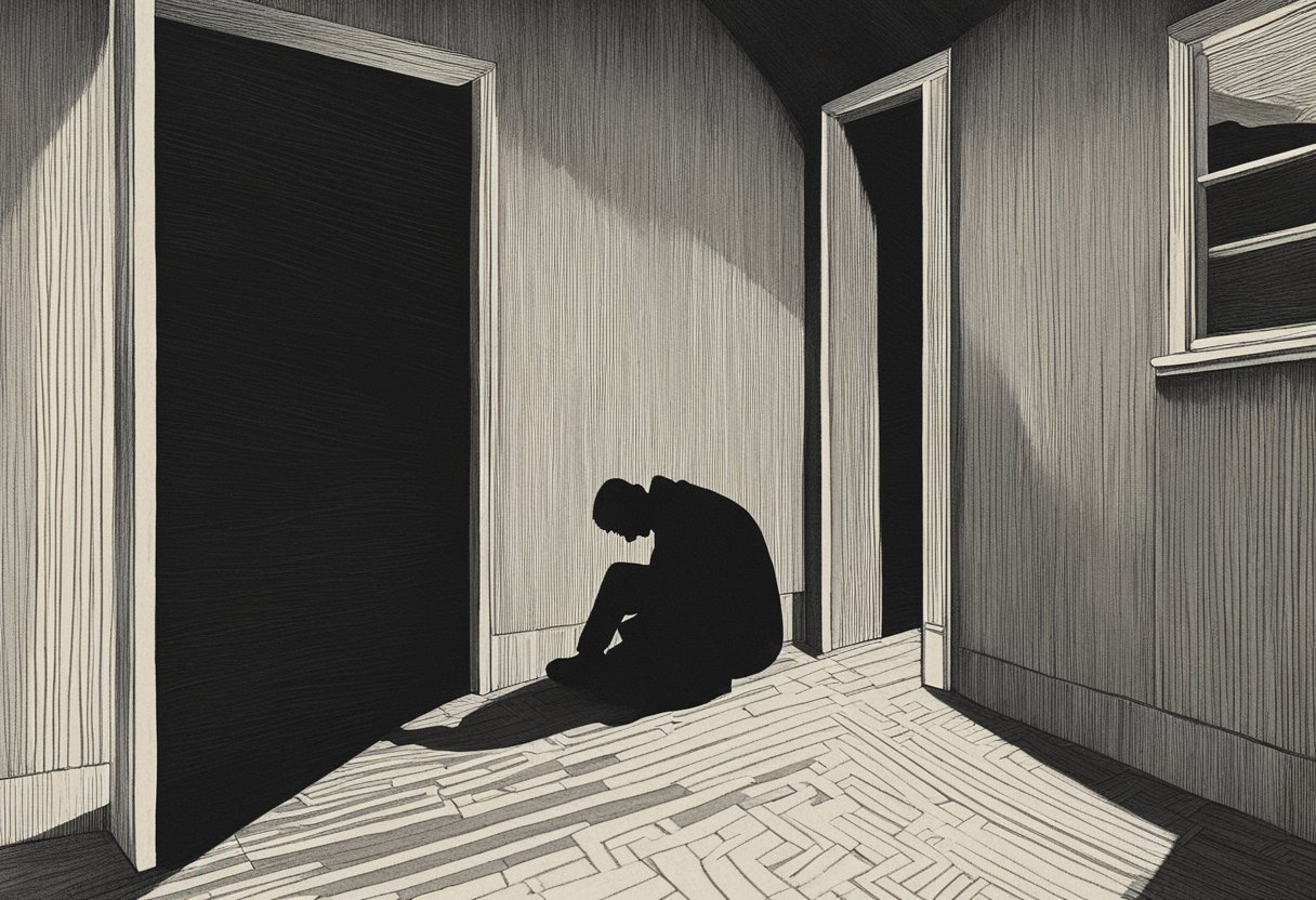 A figure cowers in a shadowy corner, their face twisted in fear. A dark, menacing mass looms over them, casting a long, ominous shadow