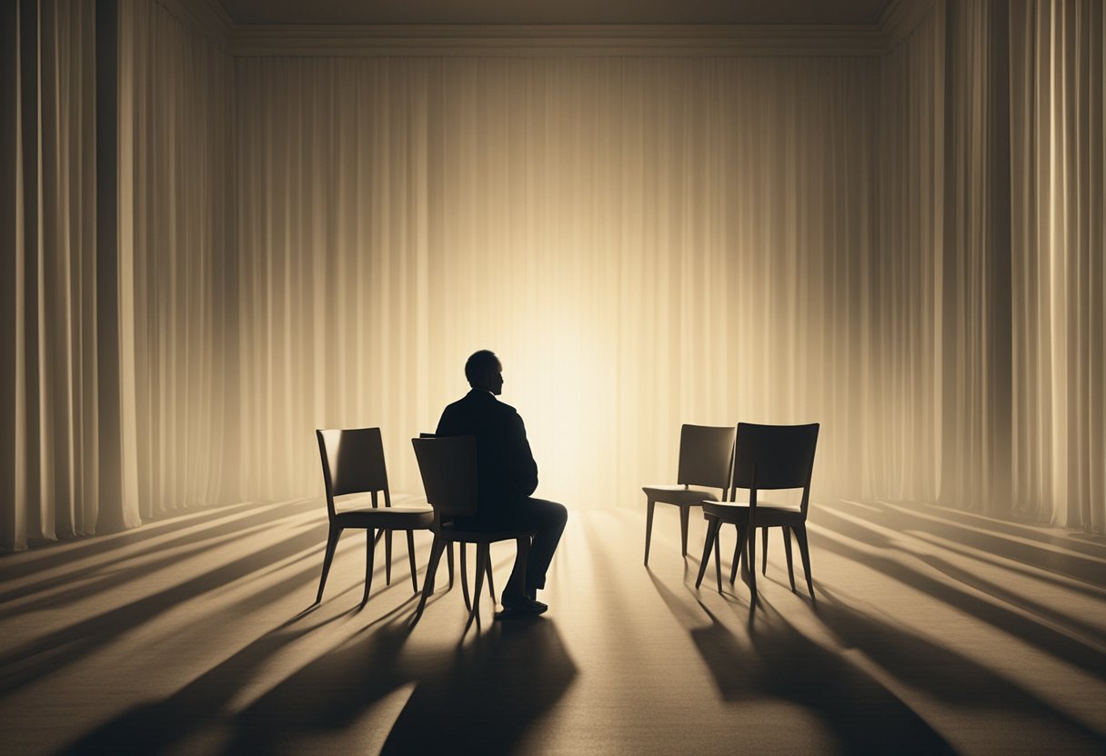 A solitary figure sits in a dimly lit room, surrounded by empty chairs. A single beam of light shines through a window, symbolizing hope and survivorship