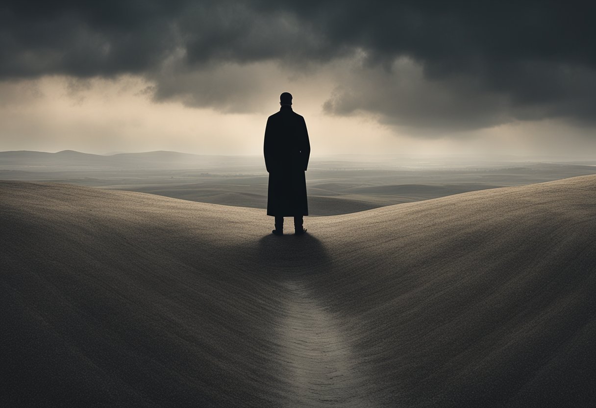 A lone figure stands on a hill, surrounded by a vast and desolate landscape. The sky is dark and ominous, reflecting the emotional isolation of cancer survivorship