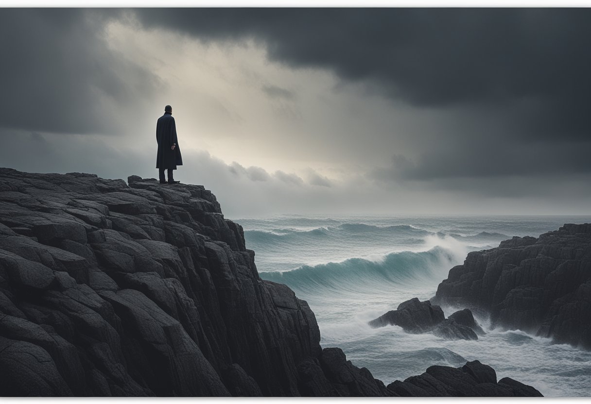 A lone figure stands on a rocky cliff, facing a vast and turbulent sea. The sky is dark and stormy, reflecting the challenges of cancer survivorship