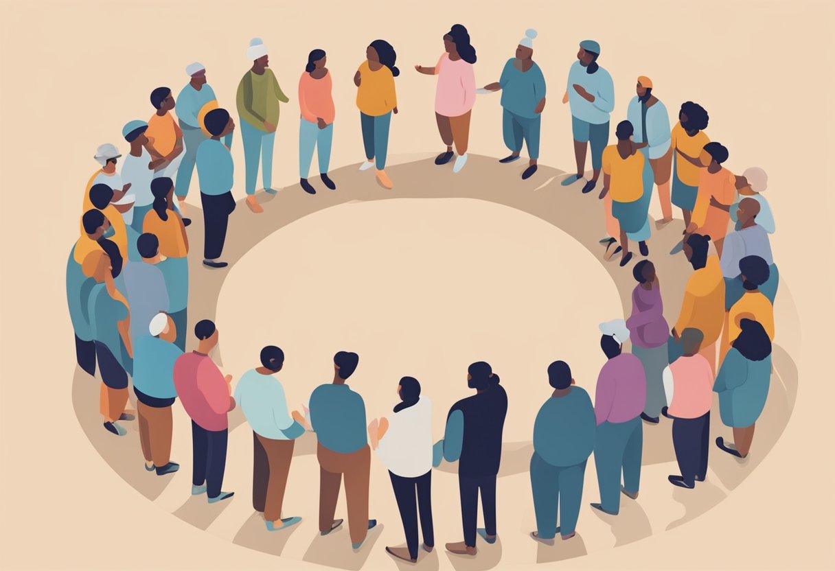 A group of diverse individuals gather in a circle, sharing stories and providing emotional support for cancer survivors. A sense of empathy and understanding is palpable in the air