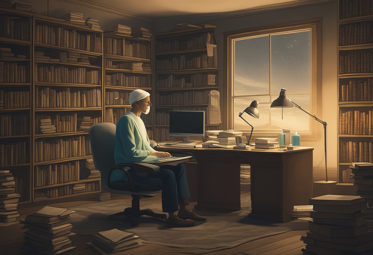 A solitary figure sits in a dimly lit room, surrounded by books and medical resources. A computer screen glows with research on cancer isolation and survivorship