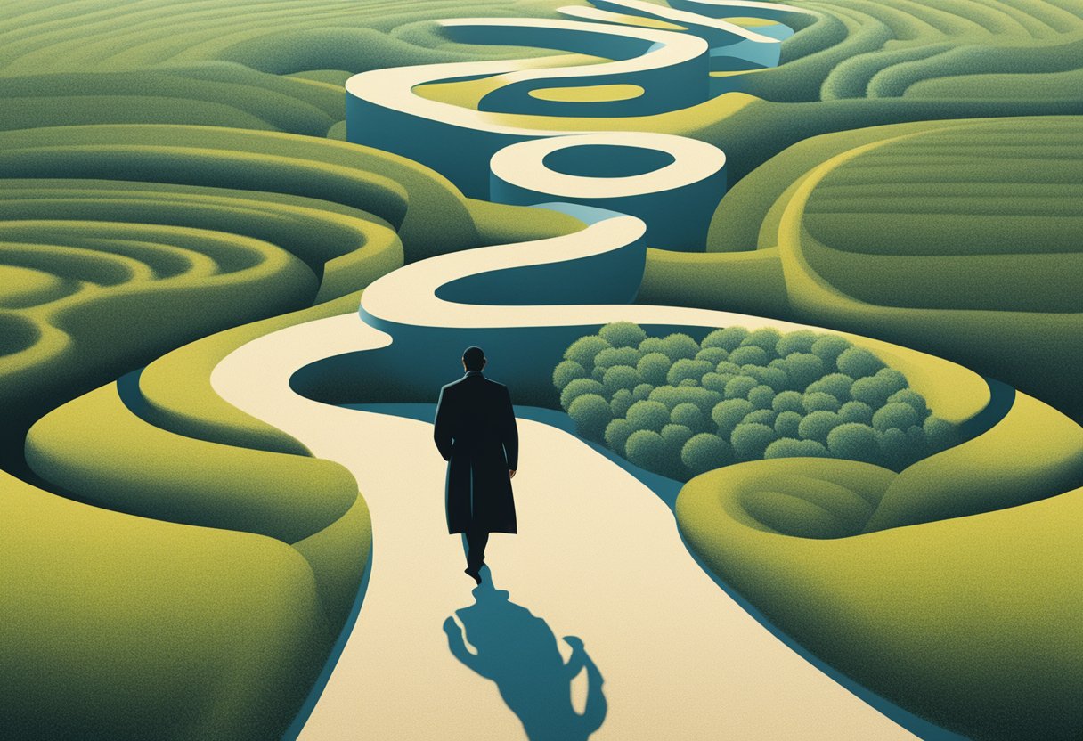A person walking a winding path, surrounded by symbols of health and wellness, while casting a wary glance at a distant shadow of cancer