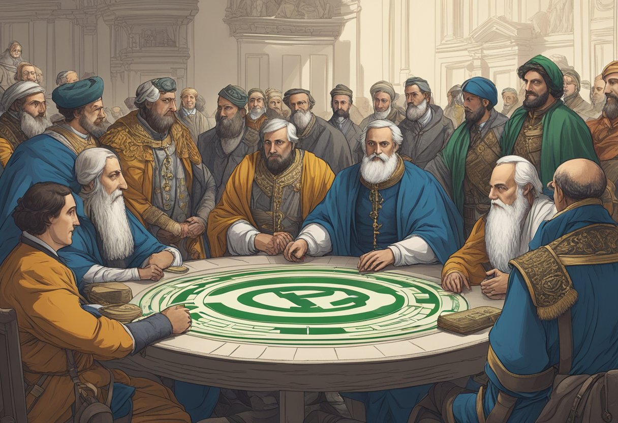 A group of people in historical attire gather around a table, discussing the emergence of cryptocurrencies. A banner with the DUCATA logo is prominently displayed, symbolizing the fight against inflation