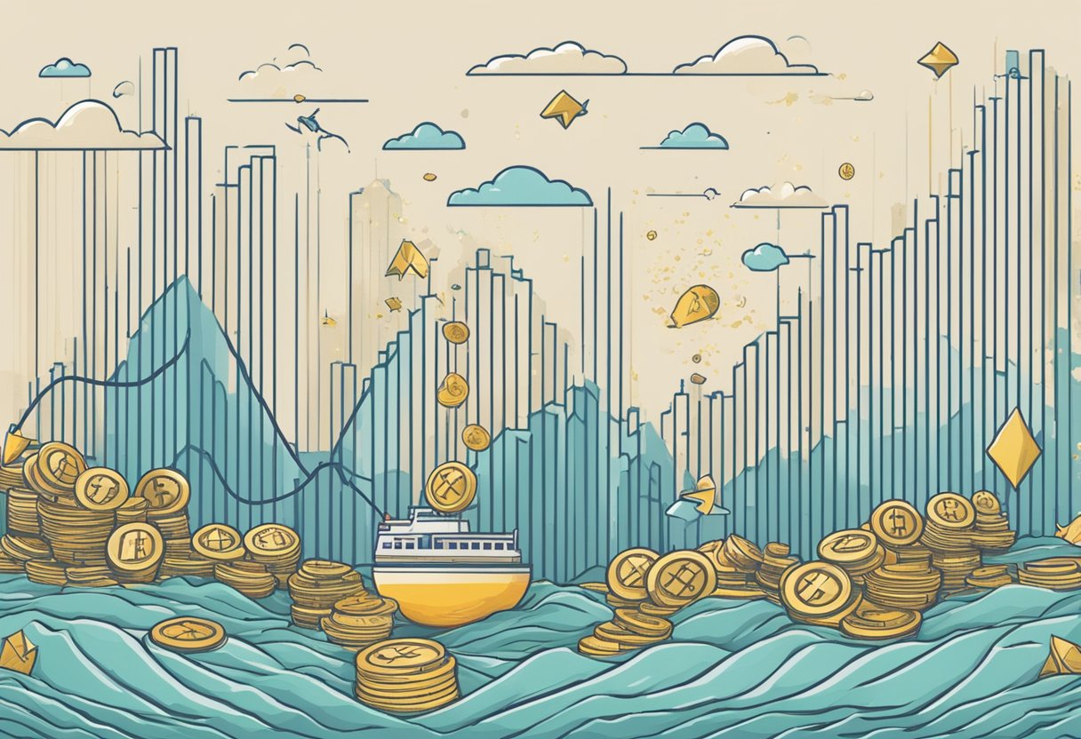 A graph showing the rise of DUCATA crypto against a sinking line representing inflation. The graph is surrounded by symbols of wealth and economic growth