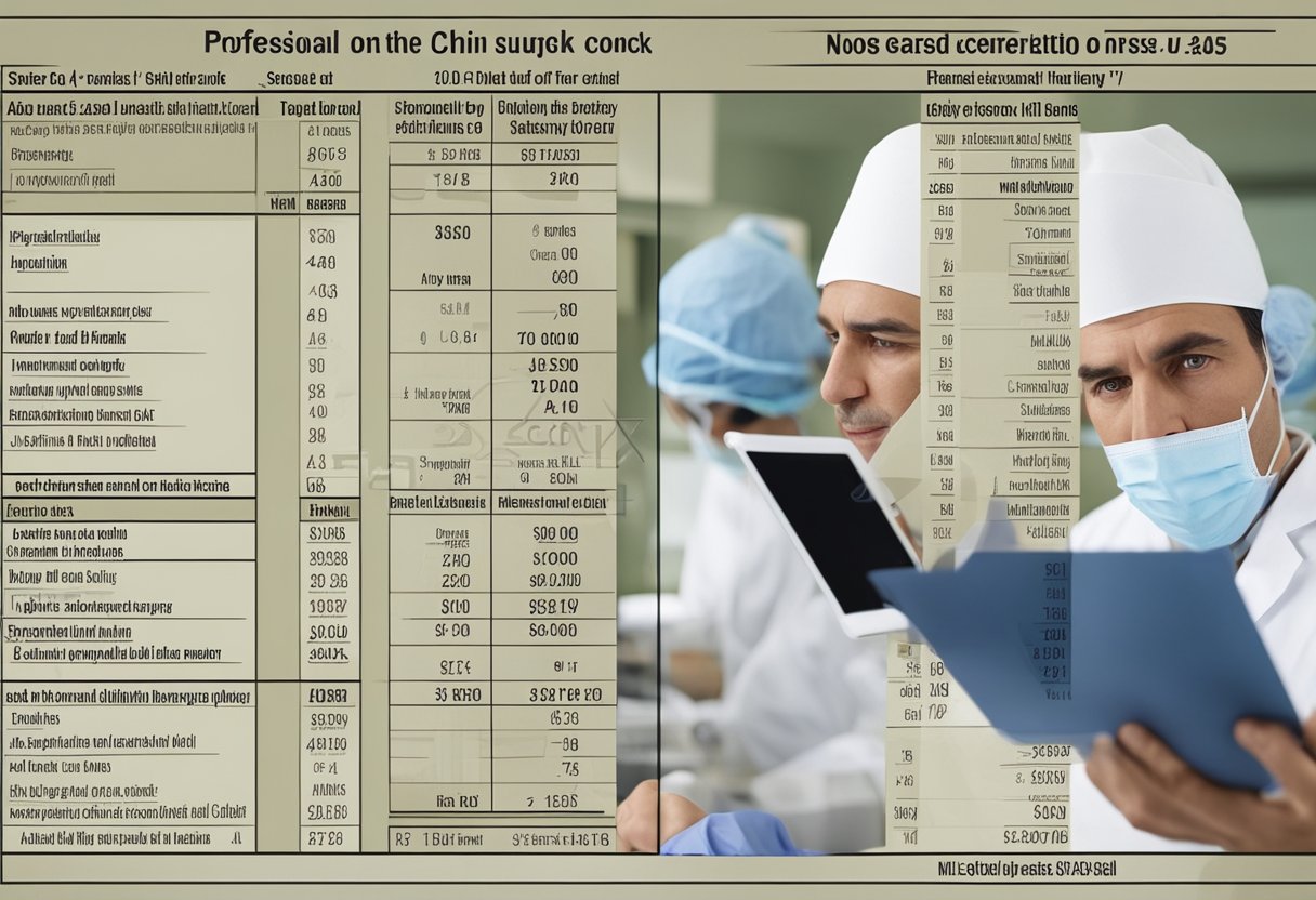 A surgeon consults a chart comparing costs and results of nose and chin surgery in Turkey versus France