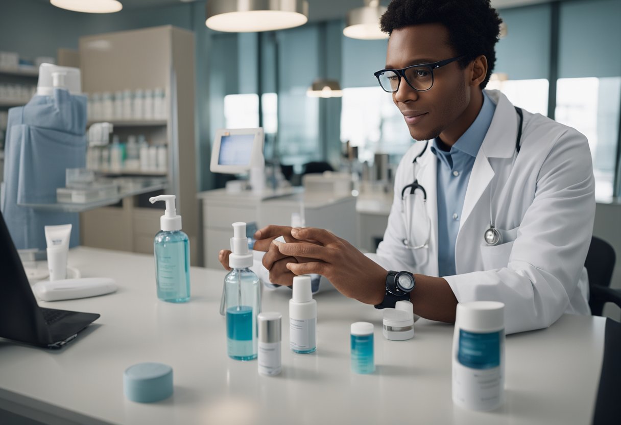 A dermatologist applies topical treatments to acne-prone skin, while discussing oral medications with a patient. Various skincare products and prescription bottles are visible on the desk