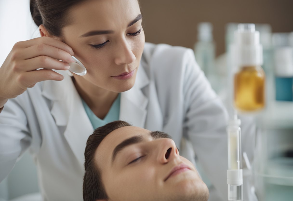 A dermatologist applies topical treatment to a cluster of acne vulgaris on a clean, unblemished face