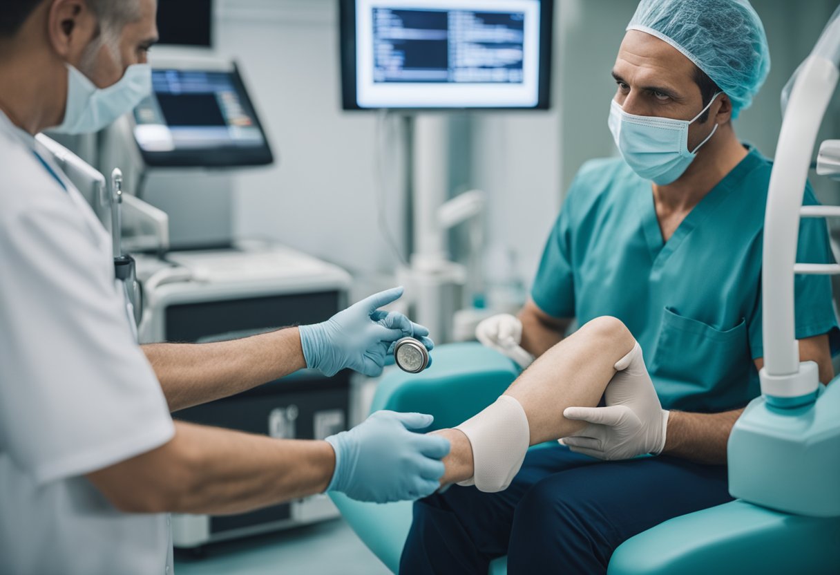 A man receiving reimbursement after calf implant surgery at a clinic in Turkey