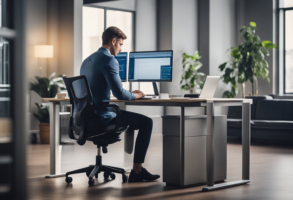 A person sitting at a desk with poor posture, hunching over a computer, causing strain on the neck