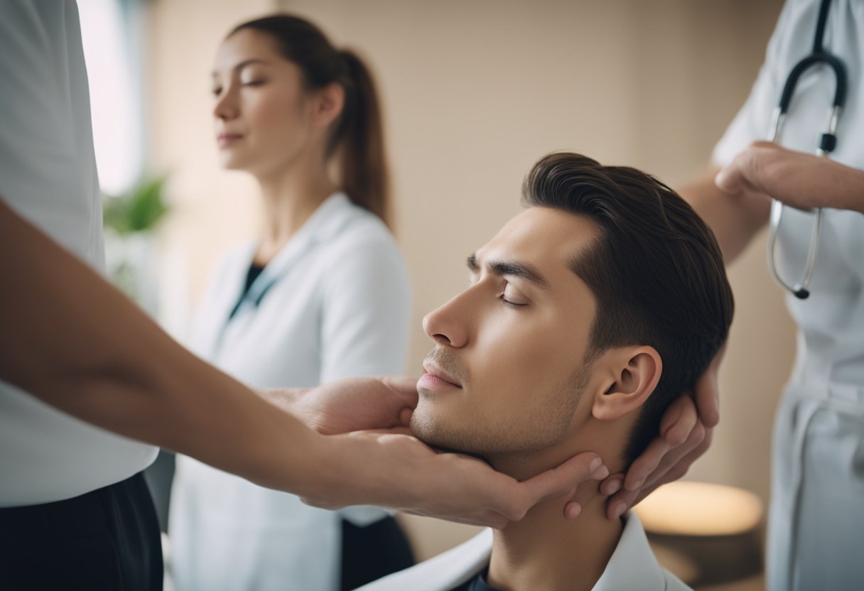 A person receiving a neck massage from a professional therapist to treat neck strain