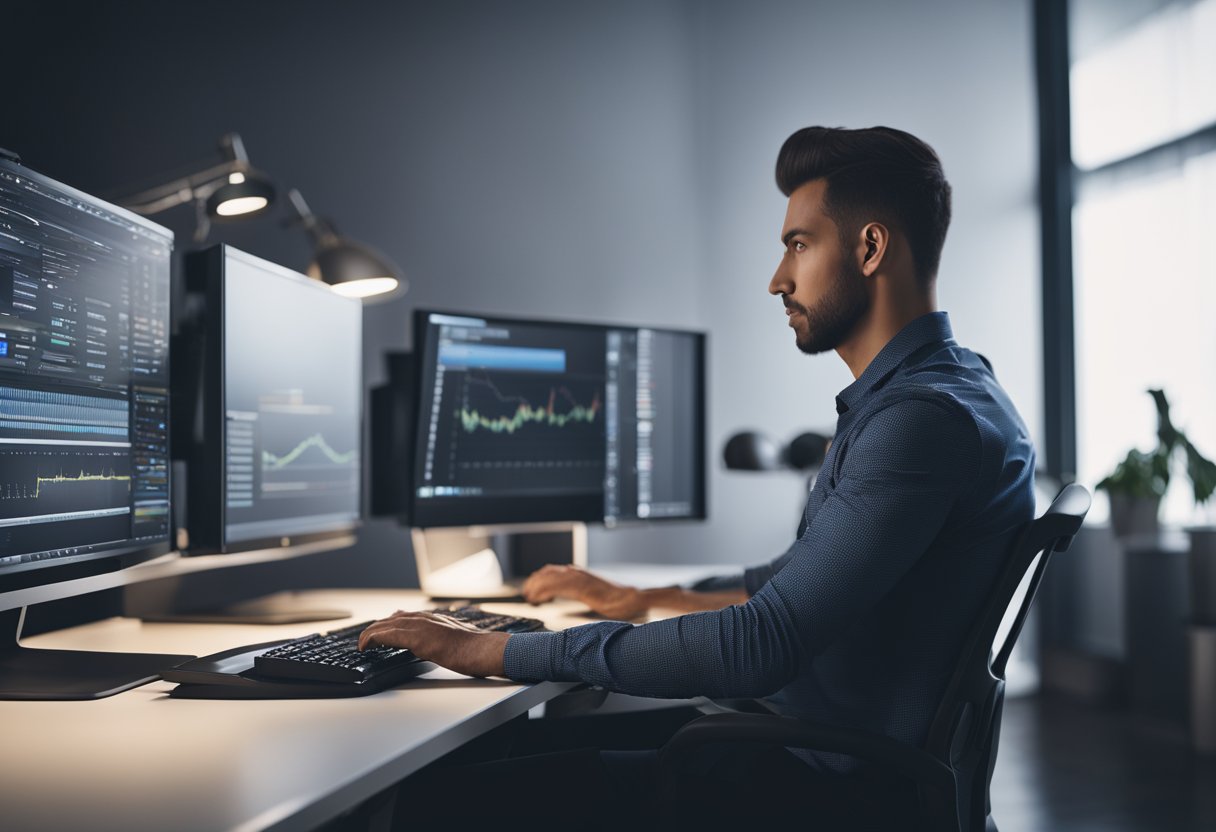 A person sitting at a desk with proper posture and a supportive chair, using an ergonomic keyboard and monitor setup