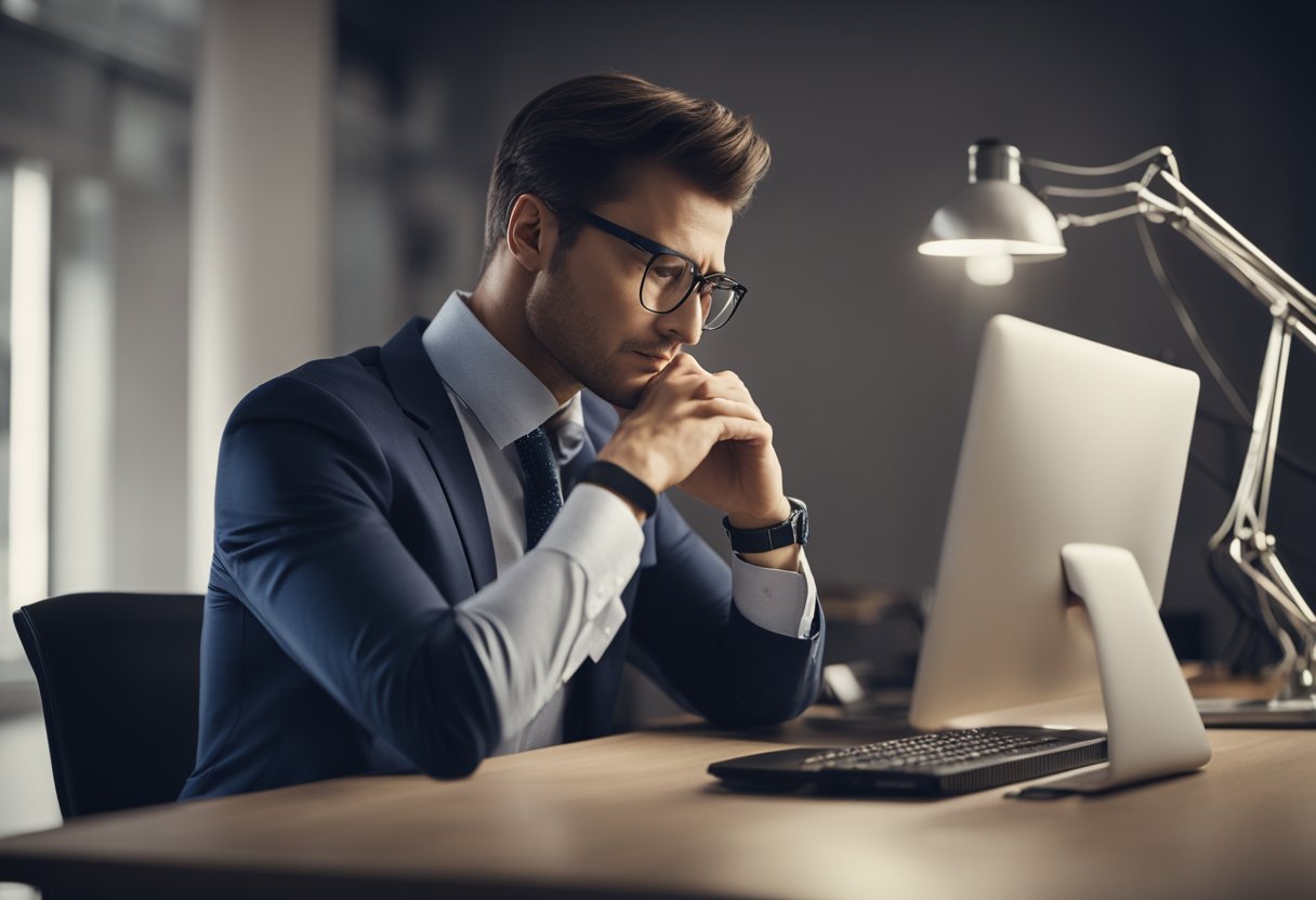 A person sitting at a desk, looking down at a computer screen with a tense expression, while holding the back of their neck with discomfort