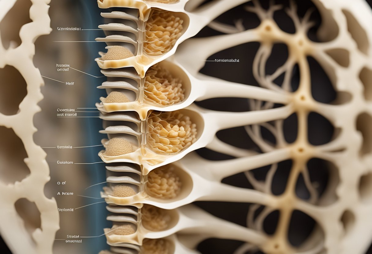 A cross-section of the cervical spine showing the intervertebral discs and the protrusion of the herniated disc pressing on the spinal cord and nerve roots