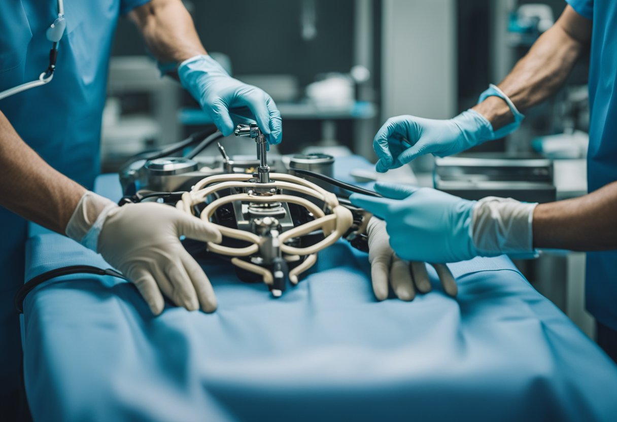 A surgical table with chest muscles exposed, surrounded by medical equipment and a surgeon's hands in gloves preparing for pectoral surgery