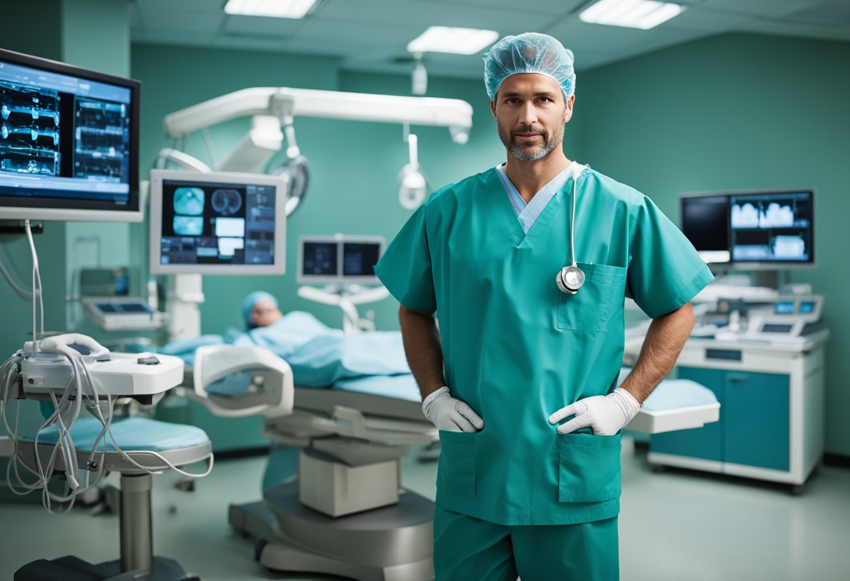 A surgeon specializing in pectoral surgery stands confidently in an operating room, surrounded by medical equipment and monitors. The room is well-lit, and the surgeon is wearing scrubs and a surgical mask