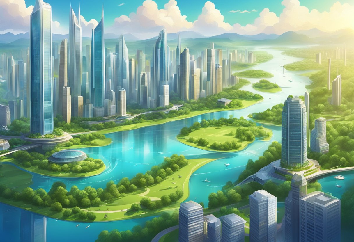 A vibrant cityscape with futuristic skyscrapers and lush green parks, surrounded by flowing rivers and lakes, all under a bright, sunny sky