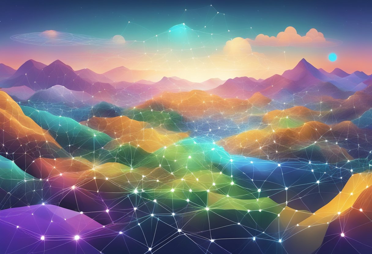 A vibrant digital landscape with interconnected nodes representing the RWA Altcoin, Landshare, within the blockchain ecosystem