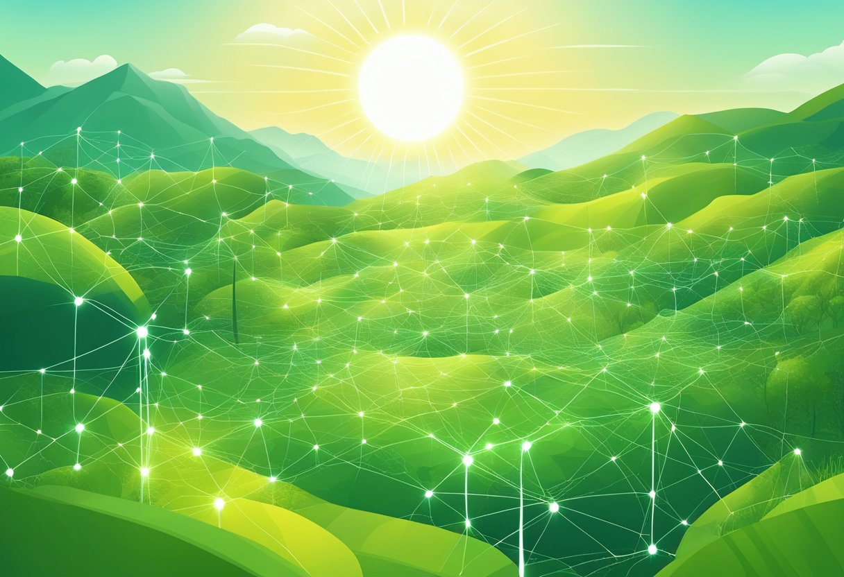 A vibrant green landscape with a shining sun overhead, surrounded by a network of interconnected digital nodes representing Landshare RWA Altcoin