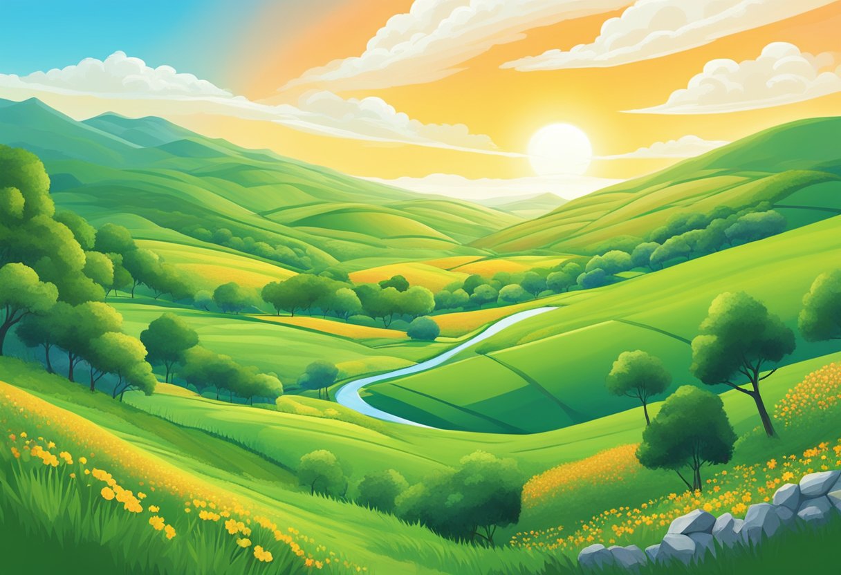 A vibrant landscape with rolling hills, green pastures, and a clear blue sky. A token symbol is prominently featured in the center, representing the Landshare RWA Altcoin