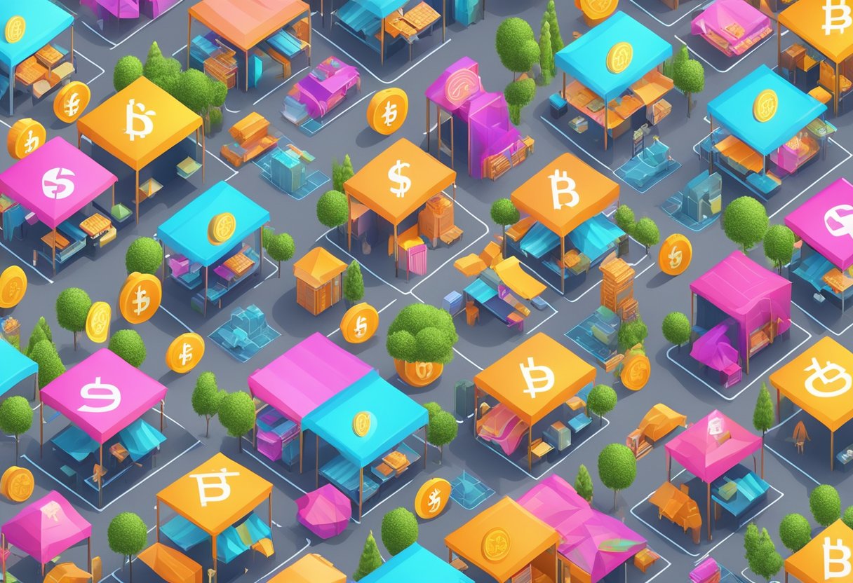 A vibrant marketplace with digital currency symbols floating in the air, surrounded by a diverse range of assets like real estate, commodities, and technology