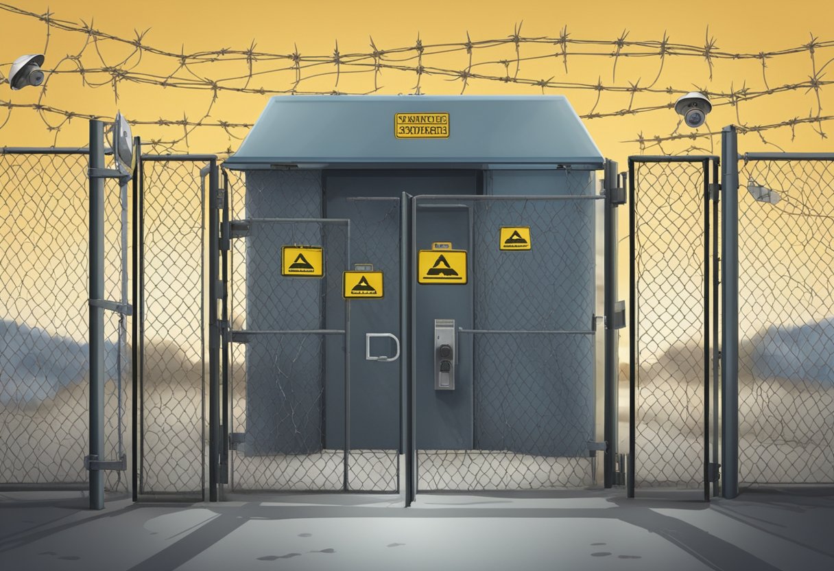 A secure vault with a padlocked gate and surveillance cameras, surrounded by barbed wire fences and warning signs