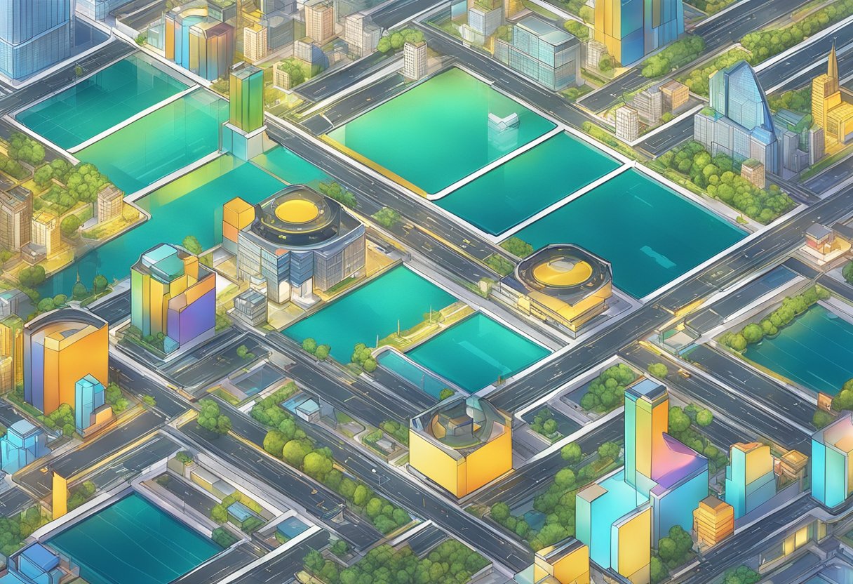 A futuristic cityscape with interconnected platforms featuring the RWA Altcoin, Landshare, integrated with other DeFi platforms