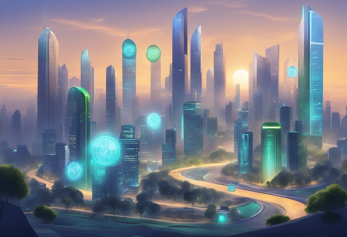 A futuristic city skyline with digital screens displaying the logo of RWA Altcoin: Landshare, representing the future of RWA and digital asset management