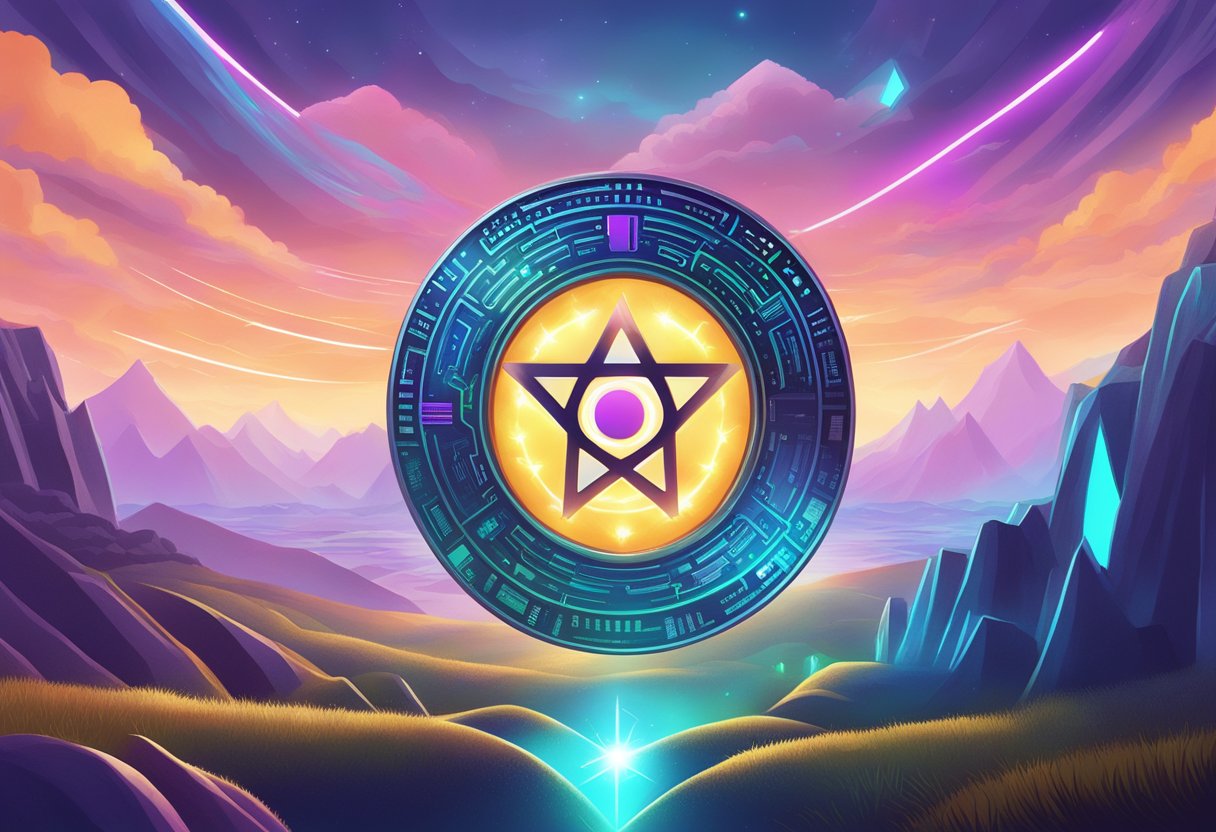 A glowing RWA altcoin with a mantra symbol hovering above a digital landscape