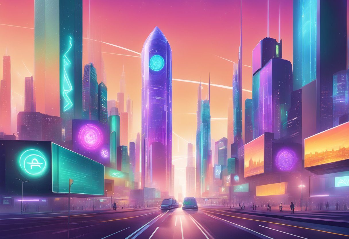 A vibrant, futuristic cityscape with the Mantra Ecosystem RWA Altcoin logo prominently displayed on a digital billboard