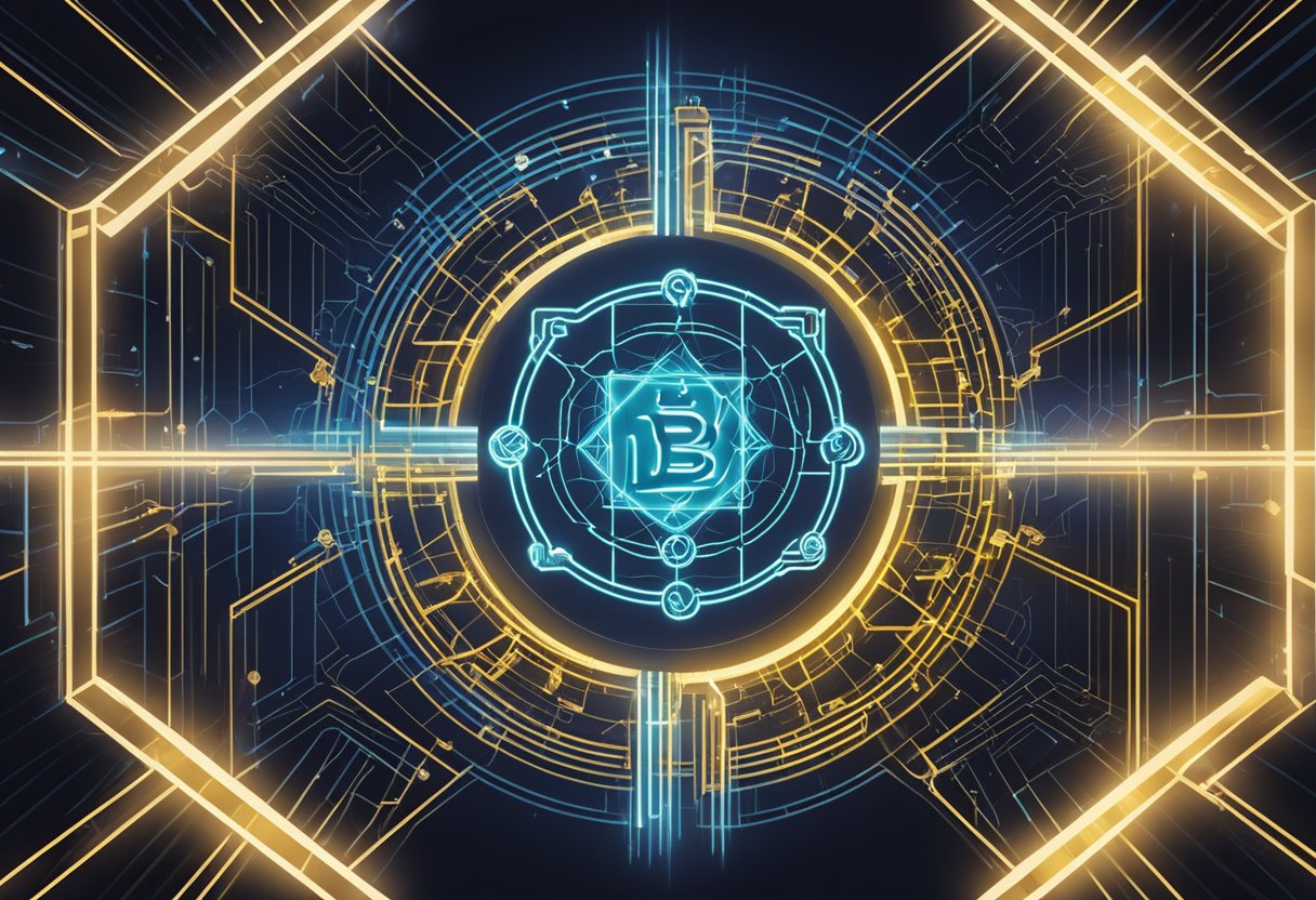 A glowing blockchain symbol hovers above a sturdy foundation, with a digital mantra swirling around it