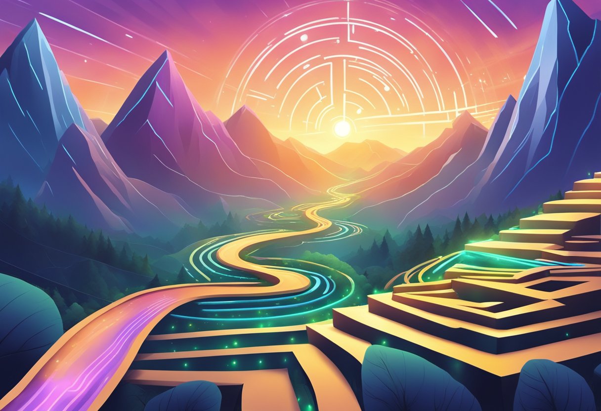 A mountainous landscape with a winding path leading to a glowing altcoin at the peak, surrounded by a maze of regulatory obstacles