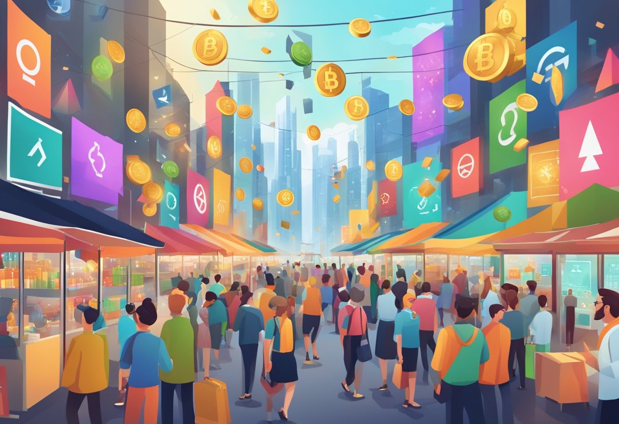 A bustling market with various altcoin symbols and charts displayed, representing both opportunities and risks. The atmosphere is filled with excitement and uncertainty