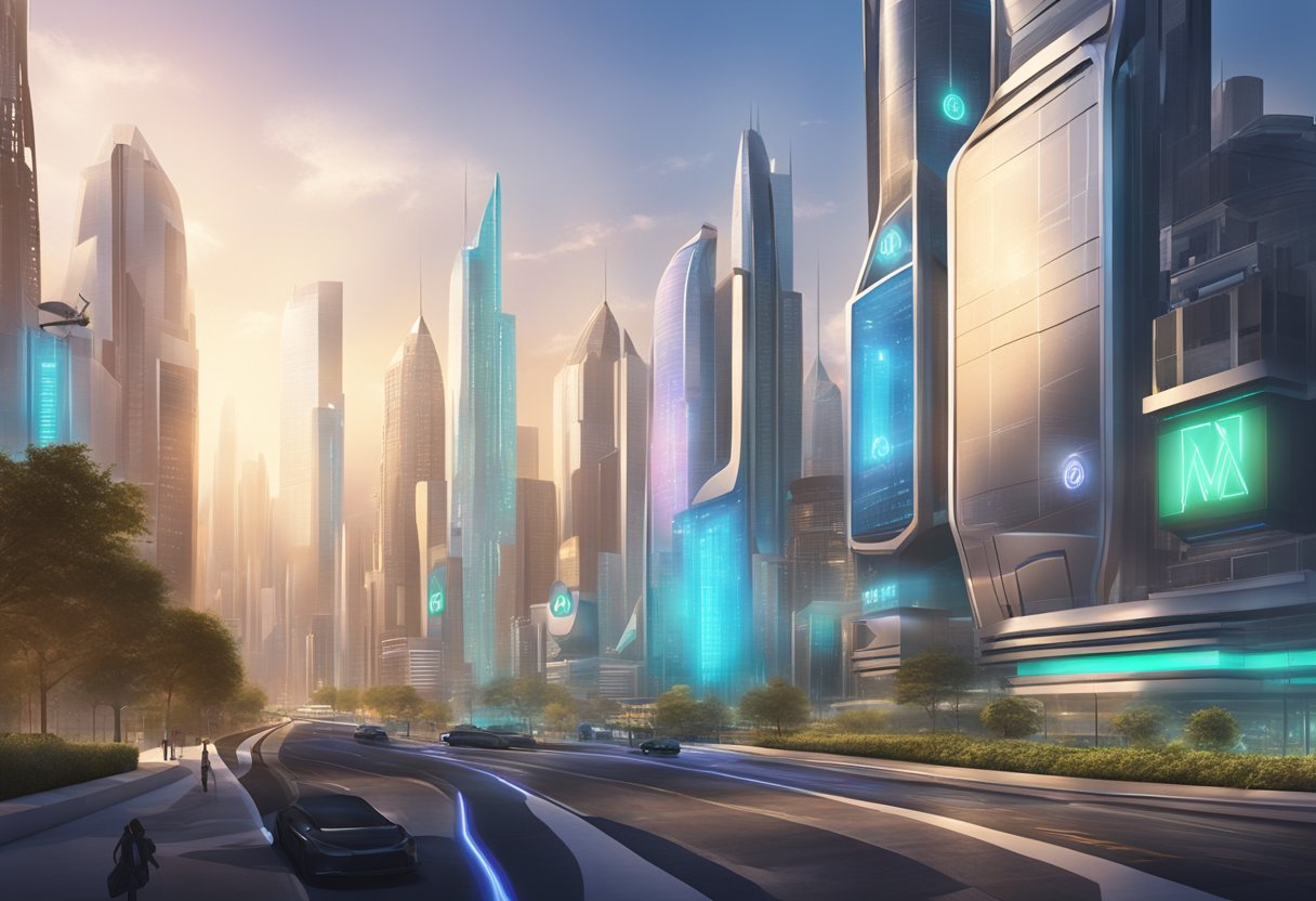 A futuristic cityscape with a prominent Mantra RWA Altcoin logo displayed on a large digital billboard, surrounded by sleek buildings and advanced technology