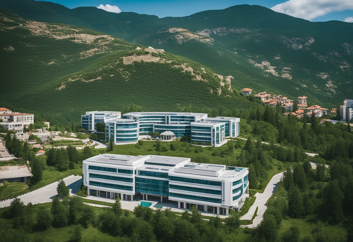 A serene Turkish landscape with a modern hospital in the background, surrounded by lush greenery and a clear blue sky