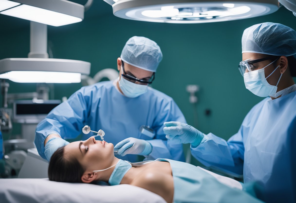 A surgeon performing breast ptosis correction surgery in a modern operating room