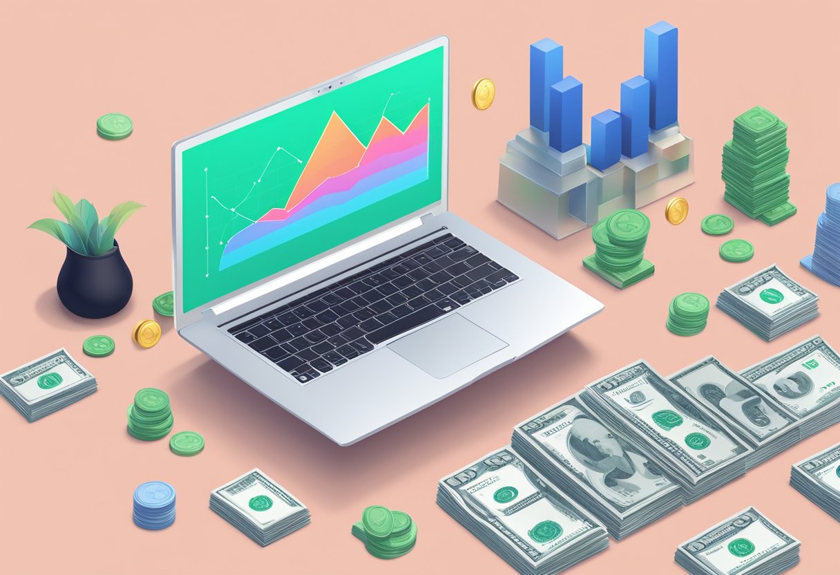 A laptop displaying OnlyFans earnings graph with a dollar sign