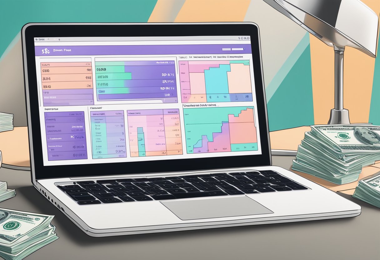 A laptop displaying OnlyFans earnings charts and a stack of cash on a desk