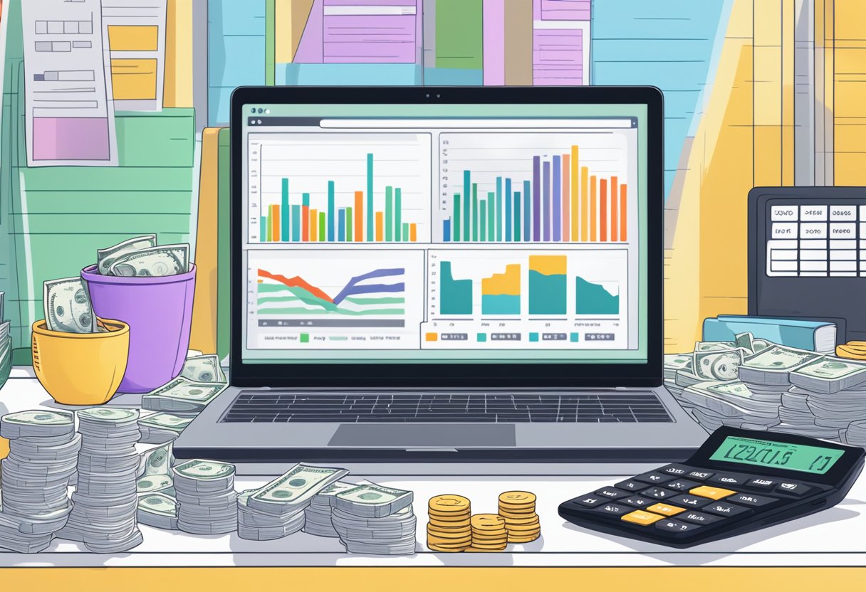 A laptop displaying OnlyFans earnings charts, surrounded by stacks of cash and a calculator