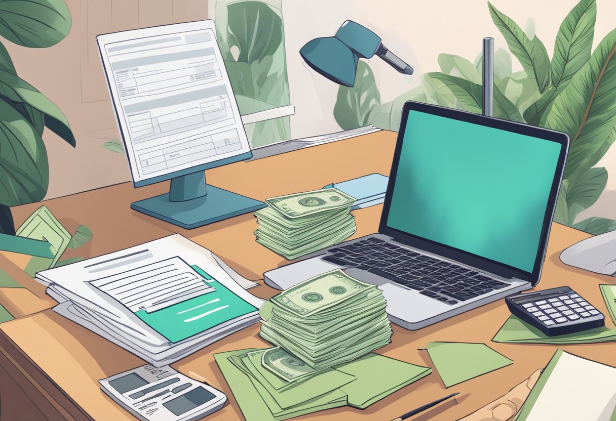 A stack of money and legal documents on a desk, with a calculator and laptop open to an OnlyFans earnings page