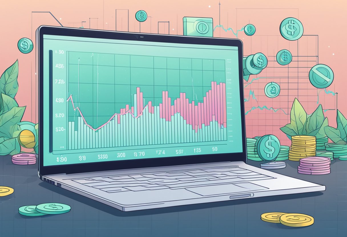 A laptop displaying OnlyFans earnings graph. Money symbols and charts in the background