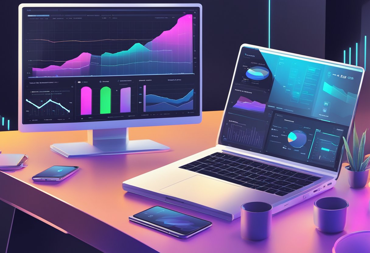 A laptop open to OnlyFans earnings data, surrounded by futuristic technology and trend charts