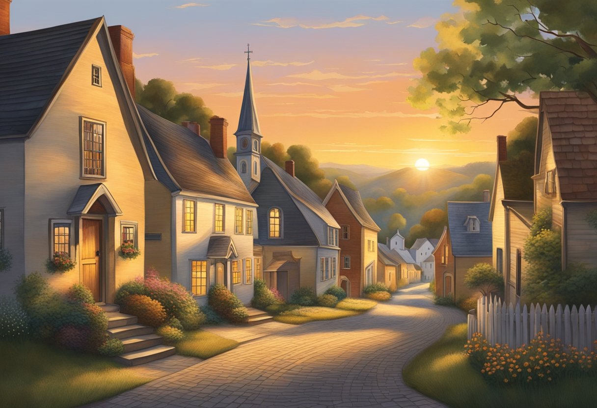 The sun sets over rolling hills, casting a warm glow on the quaint village of Effingham. Charming cottages line the cobbled streets, and a historic church stands proudly in the center